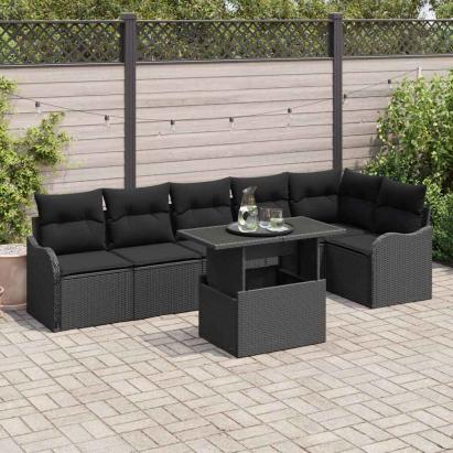 Set de canapele pentru grădină cu pernă 7 pcs Negru Poli Rattan GartenMobel Dekor
