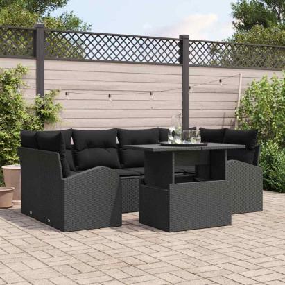 Set de canapele pentru grădină cu pernă 7 pcs Negru Poli Rattan GartenMobel Dekor
