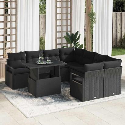 Set de canapele pentru grădină cu pernă 9 pcs Negru Rattan poli GartenMobel Dekor