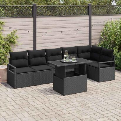 Set de canapele pentru grădină cu pernă 7 pcs Negru Rattan poli GartenMobel Dekor