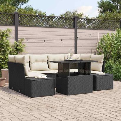 Set de canapele pentru grădină cu pernă 7 pcs Negru și Crem GartenMobel Dekor