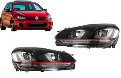 Faruri LED pentru VW Golf 6 VI 2008-2012, design GTI cu banda rosie