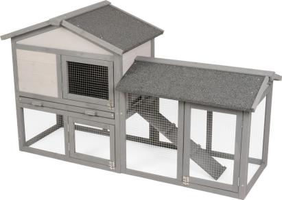 Cusca pentru iepuri din lemn cu acoperis si tarc, 147x54x85 cm