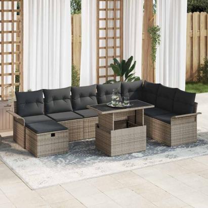 Set de canapele pentru grădină cu pernă 9 pcs Gri Rattan poli GartenMobel Dekor