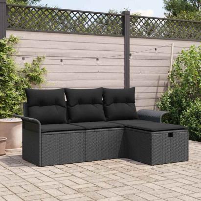 Set de canapele pentru grădină cu pernă 4 pcs Negru Rattan poli GartenMobel Dekor