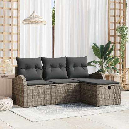 Set de canapele pentru grădină cu pernă 4 pcs Gri Rattan poli GartenMobel Dekor