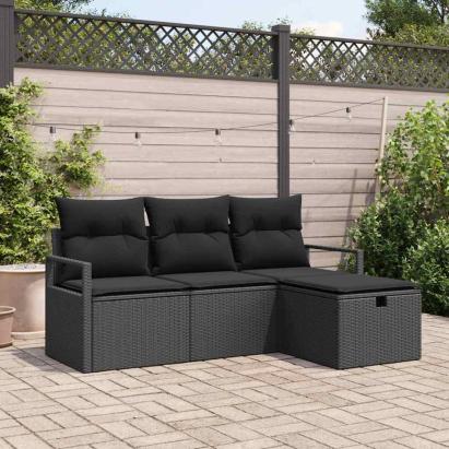 Set de canapele pentru grădină cu pernă 4 pcs Negru Rattan poli GartenMobel Dekor