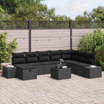 Set de canapele pentru grădină cu pernă 9 pcs Negru Rattan poli GartenMobel Dekor