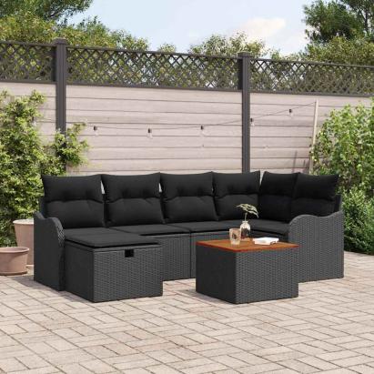 Set de canapele pentru grădină cu pernă 7 pcs Negru Rattan poli GartenMobel Dekor