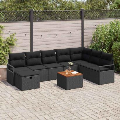 Set de canapele pentru grădină cu pernă 9 pcs Negru Rattan poli GartenMobel Dekor