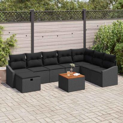 Set de canapele pentru grădină cu pernă 9 pcs Negru Rattan poli GartenMobel Dekor