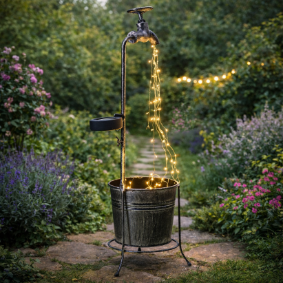 Lampa solara decorativa robinet cu ghiveci, 30 LED, lumina calda, 60 cm, negru