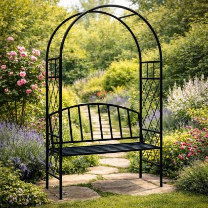 Pergola de gradina cu banca integrata, otel rezistent, design arcuit, neagra