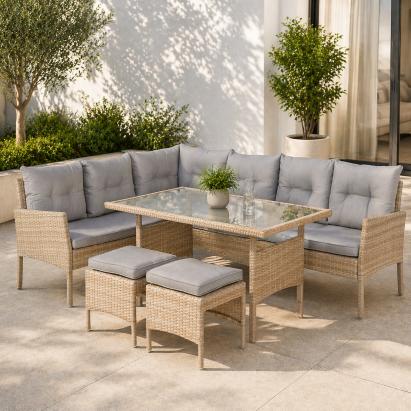 Set mobilier de gradina Berno tip coltar cu perne, 2 tabureti si masa bej