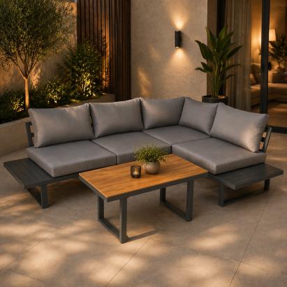 Set mobilier de grădină Bogota modular cu masă reglabilă, aluminiu, gri