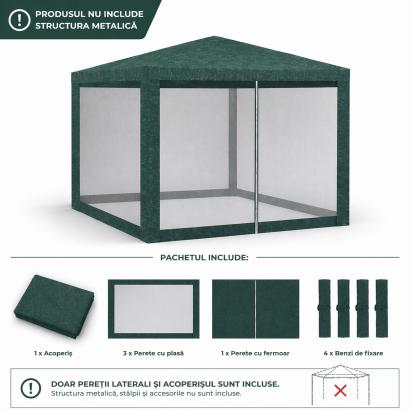 Set pereți pentru pavilion 3x3 m cu plasă țânțari și acoperiș, verde