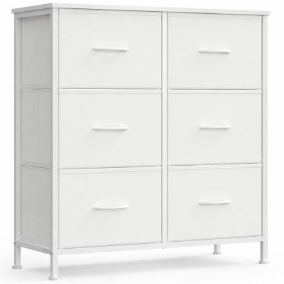 Comodă SONGMICS albă cu 6 sertare textile și blat MDF, 77x30x74 cm