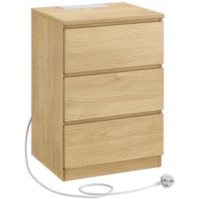 Noptieră VASAGLE Kailyn cu prize AC, USB integrate și 3 sertare, natur