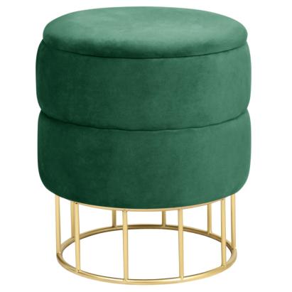Taburet tapitat rotund Elza cu spatiu de depozitare, velur, 37x37x42 cm, verde smarald