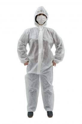 Combinezon alb din 100% polipropilena cu gluga, de unica folosinta, inchidere cu fermoar, mansete elastice, marimea M/L