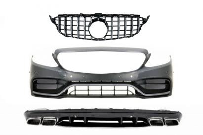 Bara Fata Completa cu Difuzor si Ornamente Evacuare Mercedes C-Class W205 S205 AMG Sport Line (2014-2020) C63S Design
