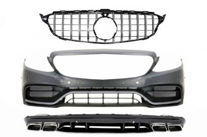 Bara Fata & Grila cu Difuzor si Ornamente Evacuare Mercedes C-Class W205 S205 AMG Sport Line (2014-2020) C63S Design