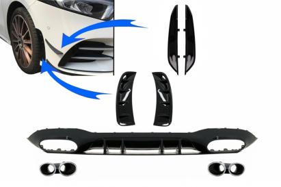 Difuzor cu Grila Aripa Aerisiri Laterale si Ornamente bara fata flapsuri Mercedes A-Class V177 Sedan (2018-2022) Evacuari Crom