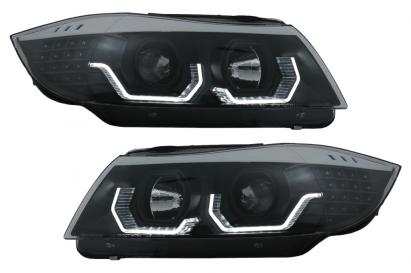 Faruri LED 3D Angel Eyes negre pentru BMW Seria 3 E90 E91 LHD 2005-2008