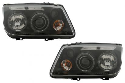 Faruri Angel Eyes negre pentru VW Bora 1998-2005 cu reglaj electric