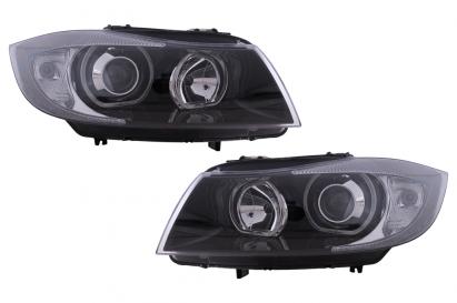 Faruri Angel Eyes negre pentru BMW Seria 3 E90 Sedan si E91 Touring 2005-2011