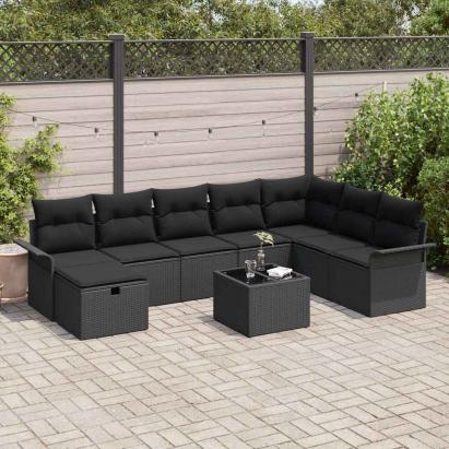 Set de canapele pentru grădină cu pernă 9 pcs Negru poliratan GartenMobel Dekor