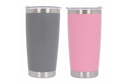 Set 2x Cana Termoizolanta Otel Inoxidabil SS304 cu Capac Perete Dublu 590ml Roz Gri