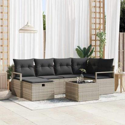 Set de canapea cu pernă Manual 7 pcs Gri deschis poliratan GartenMobel Dekor