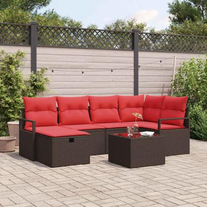 Set de canapea cu pernă Manual 7 pcs Maro și roșu poliratan GartenMobel Dekor