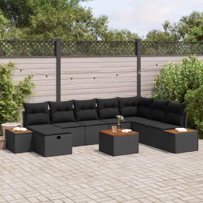 Set de canapele pentru grădină cu pernă 9 pcs Negru Rattan poli GartenMobel Dekor