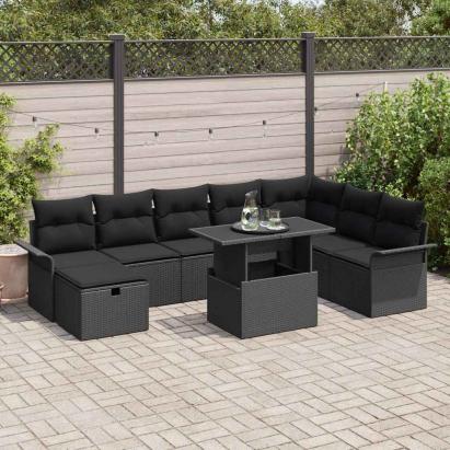 Set de canapele pentru grădină cu pernă 9 pcs Negru Rattan poli GartenMobel Dekor
