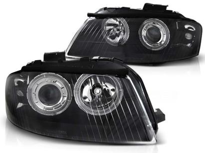Kit de faruri tuning cu ochi de înger halogen potrivit pentru Audi A3 8P 05.2003-03.2008 3D/5D, stânga și dreapta