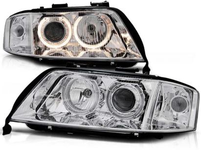 Set de faruri tuning cu ochi de înger halogen, potrivit pentru Audi A6 C5 06.2001-05.2004 sedan/combinate, stânga și dreapta