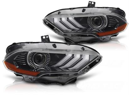 Kit de faruri LED de tuning potrivit pentru Ford Mustang 2018-2021 cu bază neagră, cu semnalizatoare dinamice, lumini DRL RGB pentru modelul cu lumini DRL de fabrică, stânga și dreapta