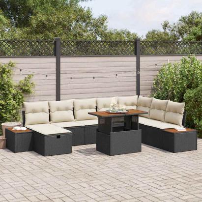 Set de canapele pentru grădină cu pernă 9 pcs Negru poliratan GartenMobel Dekor