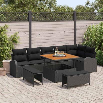 Set de canapele pentru grădină cu pernă 9 pcs Negru poliratan GartenMobel Dekor