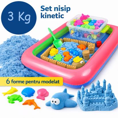 Nisip kinetic albastru, set 3 kg, 6 forme de modelat, cutie gonflabila 45x58 cm