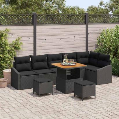 Set de canapele pentru grădină cu pernă 9 pcs Negru poliratan GartenMobel Dekor
