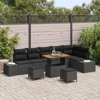 Set de canapele pentru grădină cu pernă 9 pcs Negru poliratan GartenMobel Dekor