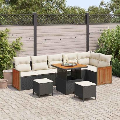 Set de canapele pentru grădină cu pernă 9 pcs Negru și Crem GartenMobel Dekor