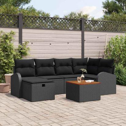 Set de canapele pentru grădină cu pernă 7 pcs Negru poliratan GartenMobel Dekor