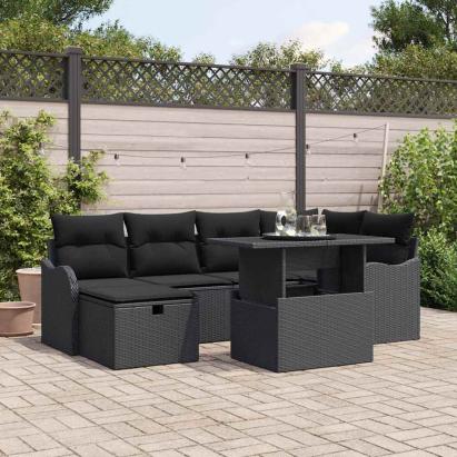 Set de canapele pentru grădină cu pernă 7 pcs Negru Rattan poli GartenMobel Dekor