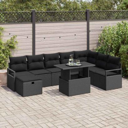 Set de canapele pentru grădină cu pernă 9 pcs Negru Rattan poli GartenMobel Dekor