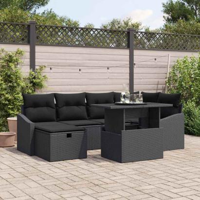 Set de canapele pentru grădină cu pernă 7 pcs Negru Rattan poli GartenMobel Dekor