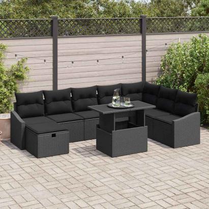 Set de canapele pentru grădină cu pernă 9 pcs Negru Rattan poli GartenMobel Dekor
